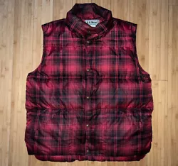 Vintage LL BEAN Men’s Large Tall Red/Black Plaid Goose Down Vest Packable Puffer. One small cut in vest. Very minor....