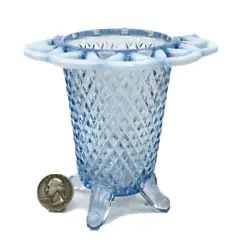 Blue opalescent diamond point vase featuring feet and an open lace rim. If you have a preference you must let us know...