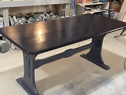 Mastercraft trestle dining room table (likely originated in the late 1970’s or early 80’). Has been refinished and...