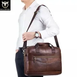 Bullcaptain men genuine cow leather business laptop shoulder bag. Front 2 pockets with zip, back one big pocket with...