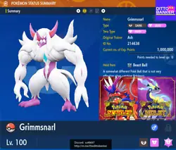 X1 SHINY Pickpocket GRIMMSNARL Lv.100 w/ Beast Ball. Nature: Adamant. Legit: Pokemon is 100% legit and usable in online...