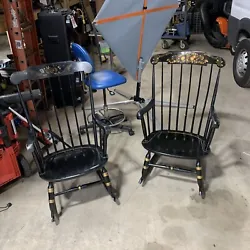 Both chairs have scratches/wear present throughout. One doesnt have a makers mark on the bottom but has writing on the...