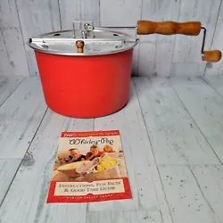 Genuine Whirley Pop Stovetop Crank Popcorn Popper Red Camping Firepit Crank Lid.