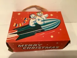 1950s Vintage Christmas Gift Box Snowmen Space Age Rocket Atomic UNUSED 4.5x3x2”