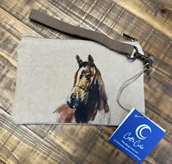 NEW Cott n Curls Brown Horse Print Canvas Leather Pouch Wristlet Made In India.