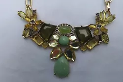 J. Crew Signed Green Amber Gold Crystal Cluster Gem Statement Necklace. About 18