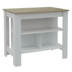 The large tabletop provides an open work area/display shelf. Kitchen island. Three Storage Shelves for pots, pans,...