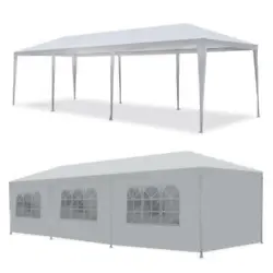 1 x 10x 30 Canopy Party Tent. 6 x Walls w/Windows / 2 x zip-up doorway. Polyester Fabric is not fire proof, pls keep...