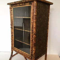 Antique Victorian Glass Bamboo Cabinet Curio Display Chinoiserie. -original decorative lacquer painting on top and...