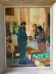 This painting reflects the fresh vegetable market sale, where the bearded Amish or Jewish man is purchasing fresh...