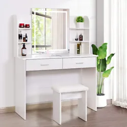 Makeup Vanity Table Set with 3-Color Dimmable Lighted Mirror, 6 Storage Shelves, 2 Drawers, Cushioned Stool, White....