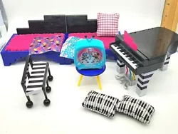 OMG DOLL HOUSE. Grand Piano Bunk Bed. Music Bench Pillows couch Set. Couch has small spot where fabric is off and prob...