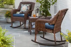 Hampton Bay - Cambridge Brown Wicker Outdoor Patio Rocking Chair with CushionGuard Midnight Navy Blue Cushions. Update...