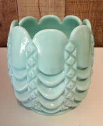 Fostoria Glass Turquoise Aqua Blue Milk Glass Lincoln Drape & Diamond Bowl Vase. It has a surface cracking in the...