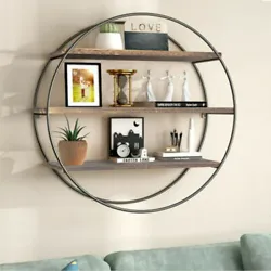 Wood/Metal Round Wall Shelf 3 Tier Geometric Floating Hanging Circle Shelf Home.