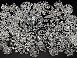 Lot 30 pc Mixed Alloy Sliver Rhinestone Crystal Brooch DIY Wedding Bouquet. Size: 6 pieces big size (include a large...