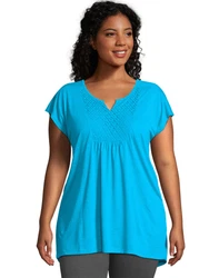 TAKING THE BORING OUT OF BASICS A delicate lace crochet bib and soft shirring add a pretty touch to this Hanes Just My...