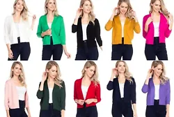 Basic 3/4 Sleeve Open Front Cropped Bolero Cardigan. The classic fitted silhouette with slim sleeves and v neck design...