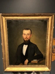Tableau ancien Huile sur toile XIXe Portrait d’un Gentilhomme barbu aux yeux bleus.Impression qu’il vous suit du...