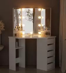 Likein Corner Makeup Vanity Desk with Mirror Lights and 5 Drawers. 1 Warm Color Temp 2 Cold Color Temp 3 Natural Color...