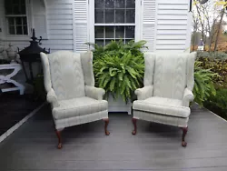 UPHOLSTERED LIVING ROOM UPRIGHT WING BACK ARM CHAIRS WITH BALL & CLAW MAHOGANY FOOT. ETHAN ALLEN. (SEAT IS 16