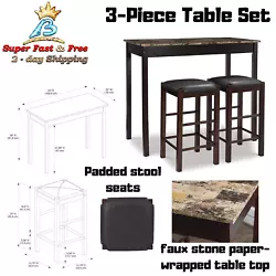 Padded stool seats with black vinyl upholstery; stools tuck under table for storage. 3 Piece Marble Table. Tavern 3...