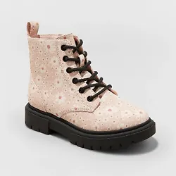 •Floral-print boots in blush pink •Faux-leather construction •Lace-up front and back pull tab •Zippered side...