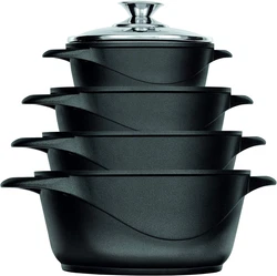 Smile MGK-12 Batterie de cuisine noire en aluminium moulé (4 casseroles avec 4 couvercles en verre trempé de...