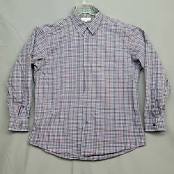 ALEX CANNON Blue and Red Plaid. Button Down Long Sleeve Shirt. Chest 48 in. Sleeve 24 in. 100% Cotton. Collar to bottom...