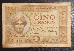 Billet 5 Francs 1937 Madagascar Afrique.
