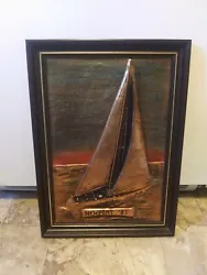 3D wood Framed Copper embossed Art Wall Hanging Sail boat Nautical Newport 83.  Says 151 in corner Small chip on frame...
