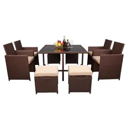 This 9 Pieces Wood Grain PE Wicker Rattan Dining Ottoman with Tempered Glass Table Patio Furniture Set is a best choice...