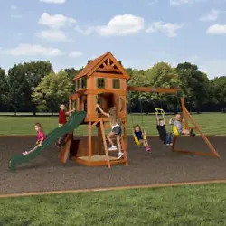 The Atlantis wooden swing set is chock full of features but still fits in smaller yards. A flat step entry ladder and...