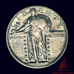 1917 Standing Liberty 25 Cents : Variety 2. Right breast covered. 3 stars below eagle. Variety 2. Standing Liberty....
