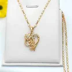 Heart Sunflower Pendant w cubic Zirconias & Chain - Necklace. 18K Gold Plated. GOLD PLATED JEWELRY. Style Mariner.
