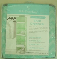 6-Shelf Hanging Closet Shelf Organizer. Velcro Hanger. Hold Everything. 2-Tone Green in a zigzag pattern.