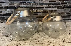 Vintage Hanging Fish Bowl Terrarium Planter. Metal Glass And Rope. Unique Rare 2 lot. Larger one 9” tall, opening...