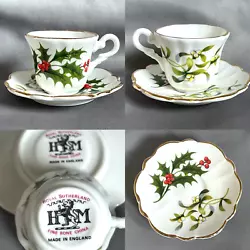 Very nice HM Royal Sutherland China (England) miniature Christmas cup & saucer set. . Holly & Mistletoe design. Cup is...
