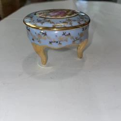 Limoges Porcelain Oval Dresser Trinket Box Blue w/Couple on Gilt Legs.