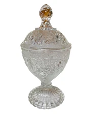 Elegant Pedestal Glass Candy Dish with Grape Pattern 7”.