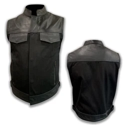 Outer shell is made of Cowhide leather and Denim. Club style vest with conceal and carry pockets. Back ARMOR included...