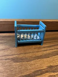 Dolls House blue Crib with attached Mattress Miniature. Approximately 3 1/2 inches wide by 2 inches deep about 2 3/4...