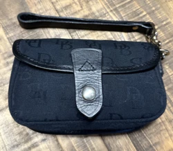 DOONEY BOURKE Wristlet DB Logo Blue Canvas White Leather.  Good condition