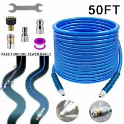The sewer jetter hose can connect to a pressure washer pump with an M22 coupler (female M22 to female 1/4