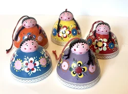 Hand Painted Pottery Folk Art Doll Figurines Wind Chimes Bells Set 5 Multicolor. Dolls/Bells Measure 3”Condition is...