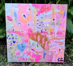 original acrylic abstract painting on canvas. Pinks, blues, and golds on a small stretched canvas, with a glossy...