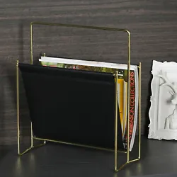 Freestanding modern gold tone metal wire and black leatherette sling style magazine rack Ideal for storing magazines,...