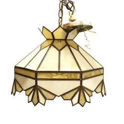 Late 60s Bohemian Tiffany Style art deco revival pendant light. Glass shade with slag glass and brass. Kill A Watt...