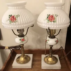 Vintage Pair Milk White Glass Dresser Lamps Hand Painted Roses Marble Base Brass. Measures 13.5” high with shade and...