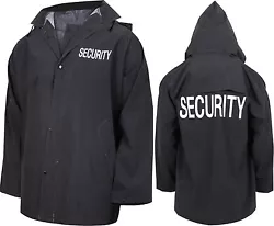 100% waterproof. Snap closure on the sleeves & front. Material: polyester and PVC. Color: Black.